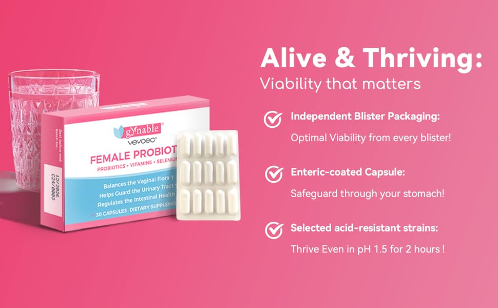 Gynable Vaginal Probiotics for Womem,Female Probiotic for pH Balance with Lactobacillus 5 Billion CFU Probiotics Blend,Selenium-Vitamin D3,Promote Healthy Vaginal Odor & Vaginal Flora,30 Count 24Hr Smart